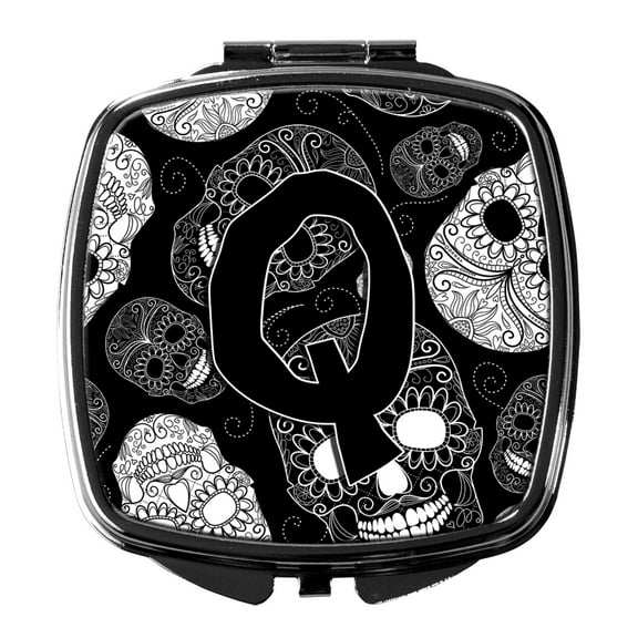 Letter Q Day of the Dead Skulls Black Compact Mirror