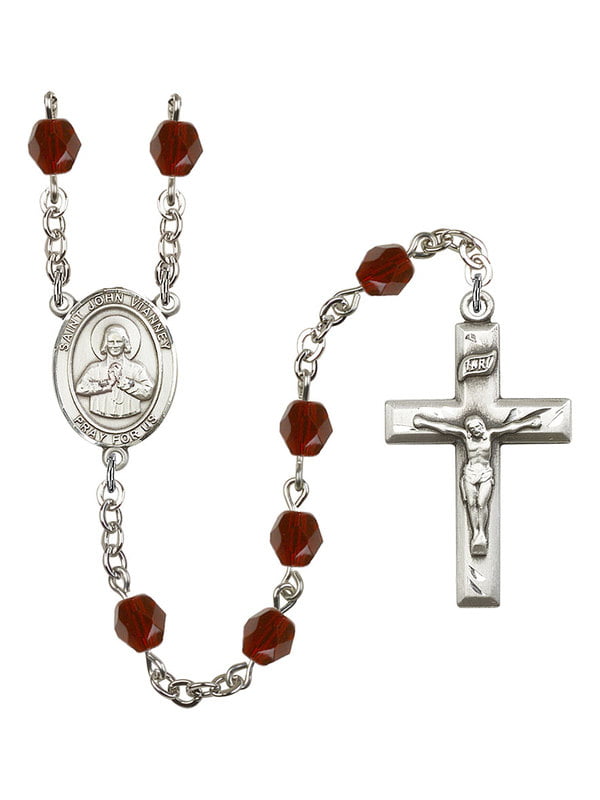 St Valentine of Rome Rosary with 6mm Garnet Color Fire Polished Beads and 1 3/8 x 3/4 inch Crucifix Valentine of Rome Center Gift Boxed Silver Finish St