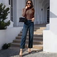 thumbnail image 4 of LWavelet Women High Waisted Cuffed Ankle Jeans Contrast Hem Washed Denim Pants Cropped Straight Leg Casual Jeans for Women Dark Blue M, 4 of 5