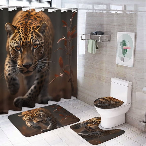 Leopard Print Pattern Shower Curtain Waterproof Bathroom Curtain Set with Hooks Home Decor Bathroom Curtains 4pcs