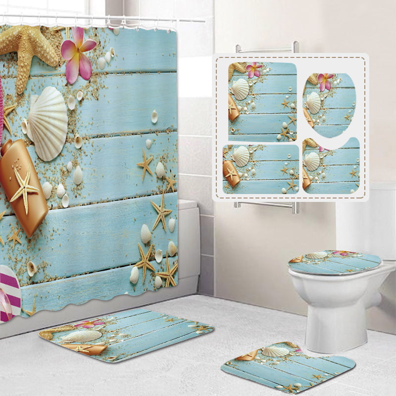 12 Hook Shower Curtain Beach shell Bathroom Waterproof Toilet Cover Mat Rug Set 