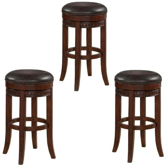 Home Square 3 Piece Backless Wood and Leather Counter Stool Set in Cherry