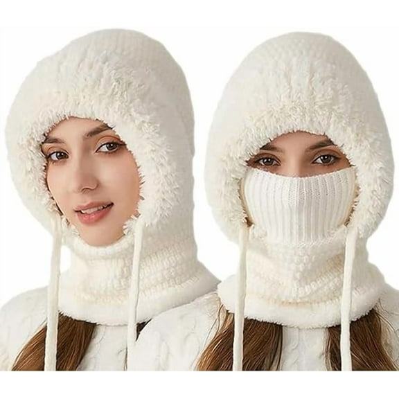 3 in 1 Beanie Hat for Women Women's Fall Winter Warm with Scarf and mask, one Size for Outdoor Skiing Hiking(1pc,White)