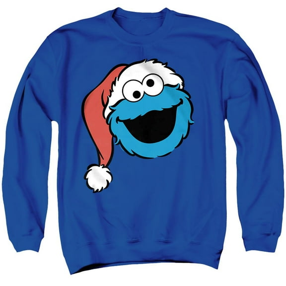 Sesame Street Christmas Santa Hat Cookie Monster Face Unisex Adult Crewneck Sweatshirt, Royal, 2X-Large