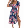 thumbnail image 2 of Women's Off Shoulder Floral Smocked Midi Flowy Long Dresses Dress for Beach Summer Blue M, 2 of 10
