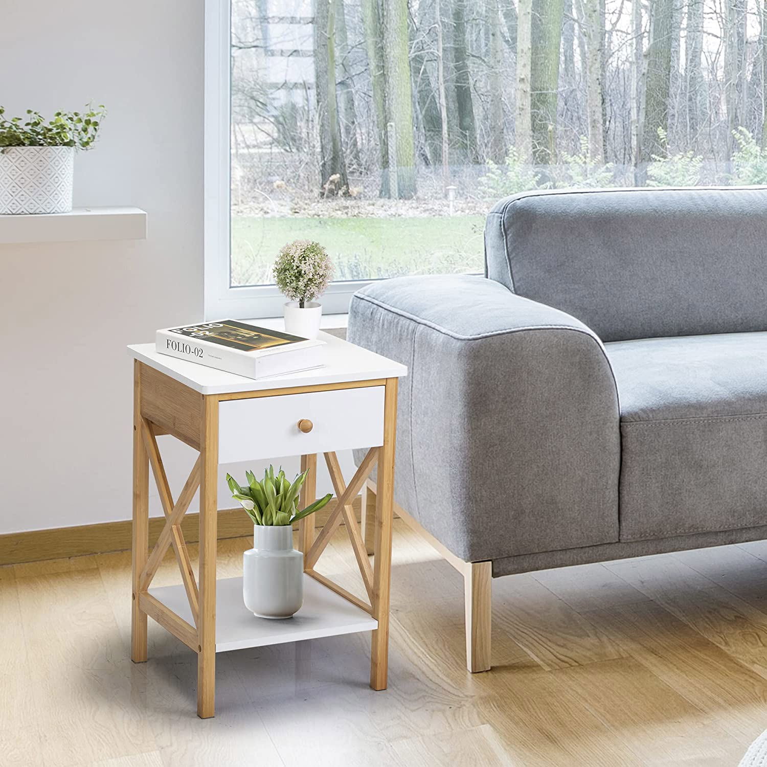 Private Jungle Single Modern Bamboo Nightstand,2-Tier Bed Sofa Side Table with Drawer and X-Side Shelf,White + Natural