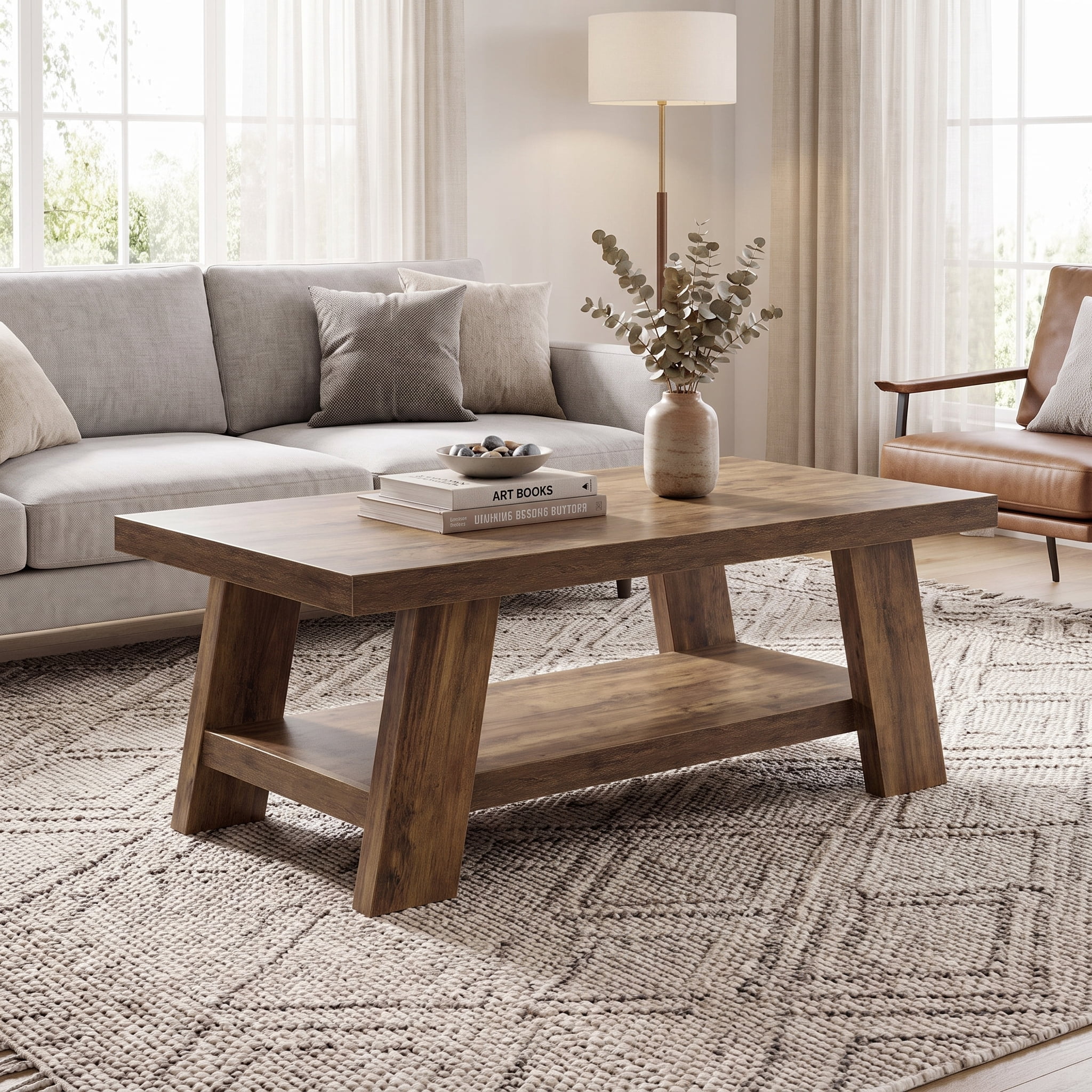 Fnova 47 Inch 2-Tier Farmhouse Coffee Table with Storage Shelf, Rectangle Center Table, Cocktail Tea Table for Living Room, Apartment, Home Office