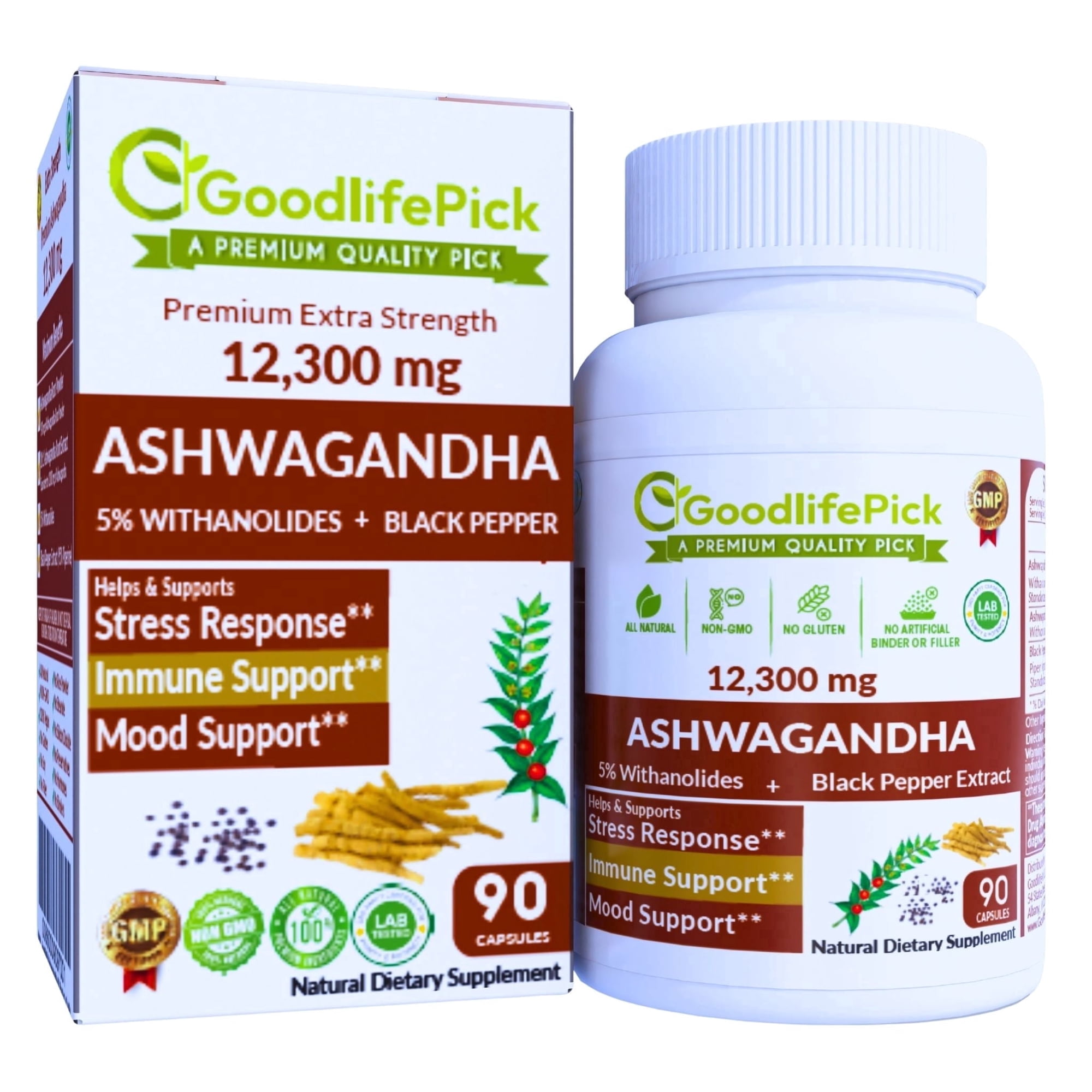 GoodlifePick Ashwagandha Extract Capsules 12300mg with Black Pepper Vegan Gluten-Free 90 Count