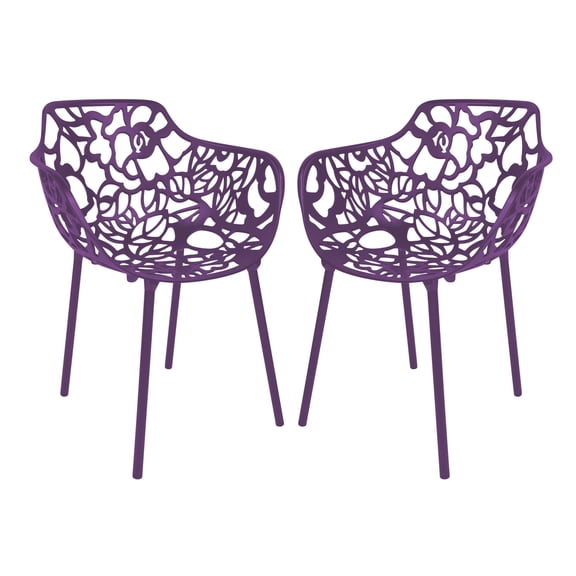 LeisureMod Stackable Dining Chair in Aluminum with Stackable and Floral Cutout Design Indoor Outdoor Use No Assembly for Modern Home, Kitchen, Patio Devon Collection Set of 2