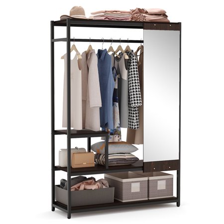 Tribesigns Free Standing Closet Organizer with Full Length Mirror, Heavy Duty Clothes Rack with Storage and Hanging Rod, Protable Closet...