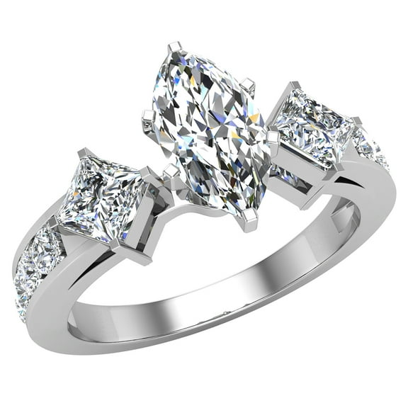 Three-Stone Diamond Engagement Ring Marquise and Princess Cut Diamond Rings 14K White Gold 1.40 Carat (F,VS1)