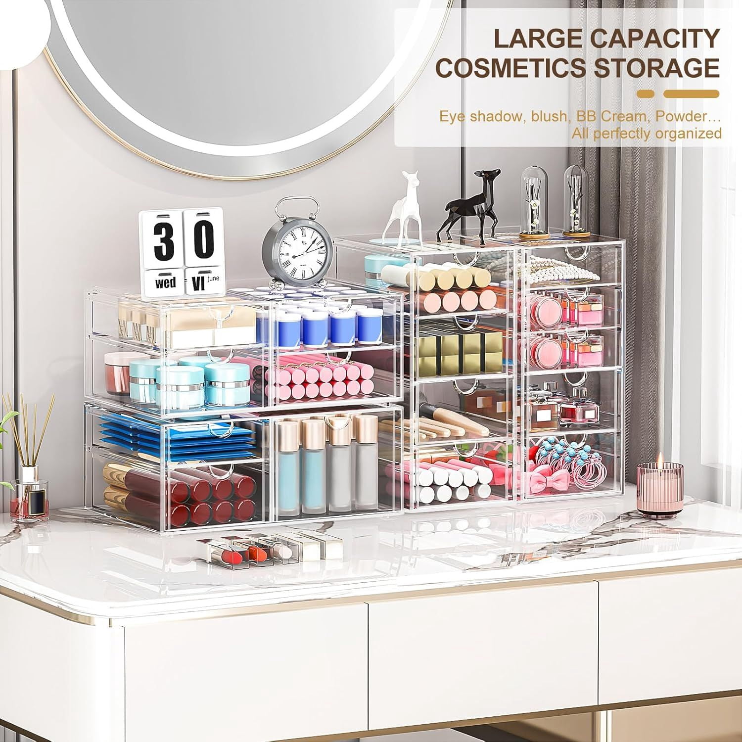 DIANJIE Makeup Organizer Storage with 16 Drawers 4 Pcs Desktop Office Supplies Desk Organizers Clear Accessories Dustproof Storage Drawer for Makeup Jewelry Pen Stationary