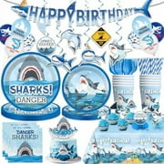 201Pcs Shark Birthday Party Decorations Tableware Set Serves 25 Guests, Shark Party Supplies Include Banner, Plates, Tablecloth, Cake Topper and Balloons Etc, for Shark Themed Decorations