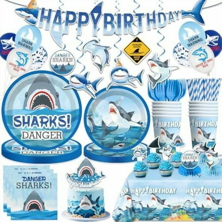 201Pcs Shark Birthday Party Decorations Tableware Set Serves 25 Guests, Shark Party Supplies Include Banner, Plates, Tablecloth, Cake Topper and Balloons Etc, for Shark Themed Decorations