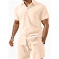 thumbnail image 3 of Men 2 Piece Outfit Solid Short Sleeve Button Shirt and Drawstring Shorts Summer Casual Set Khaki XXL, 3 of 6