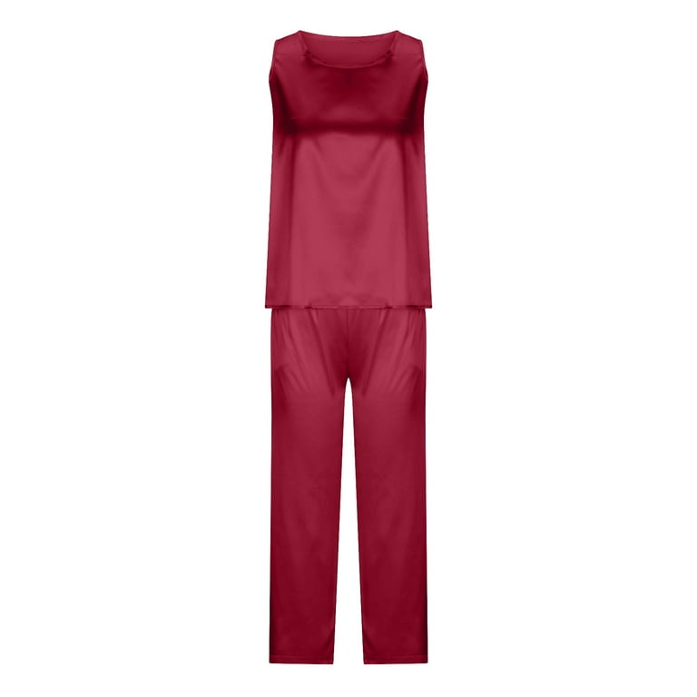 AherBiu Satin Pajamas Sets for Women Tank Tops and Pants 2 Piece Silk Cozy  Sleepwear Loungewear Set