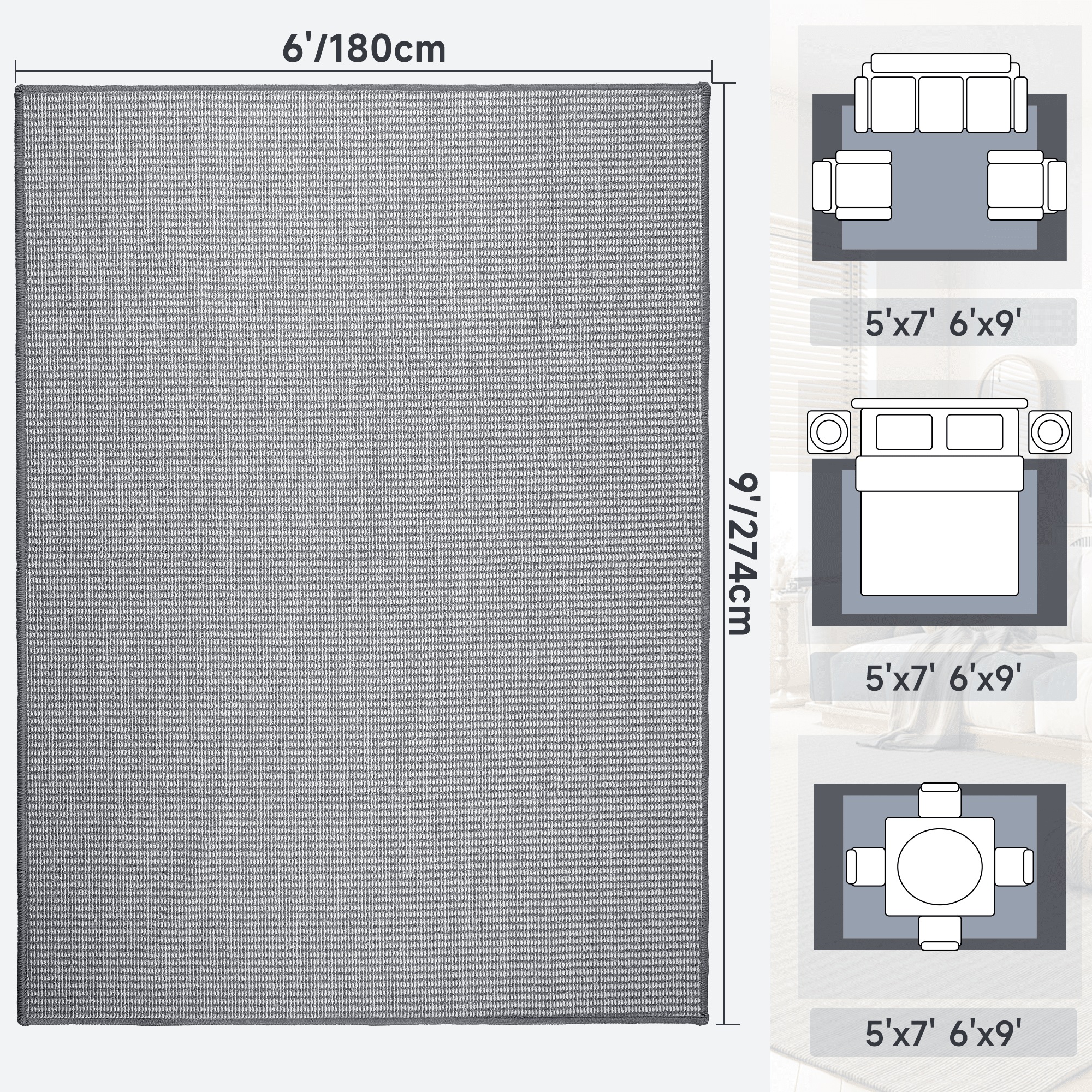 WANLISELL Area Rugs for Living Room, 6' x 9' Stain-Resistant Washable Rug, Soft Indoor Low-Pile Carpet for Kitchen, Playroom, Dining Room, Office, Gray & White