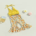 thumbnail image 4 of 2Pcs Toddler Baby Girl Summer Clothes Solid Ribbed Halter Crop Cami Top Floral Flared Pants Outfits Dark Brown 3-4 Years, 4 of 7