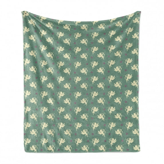 Green Soft Flannel Fleece Blanket, Greek Inspired Romance Cupid Silhouette Pattern with Little Hearts Print, Cozy Plush for Indoor and Outdoor Use, 60" x 80", Jade Green Purple Cream, by Ambesonne