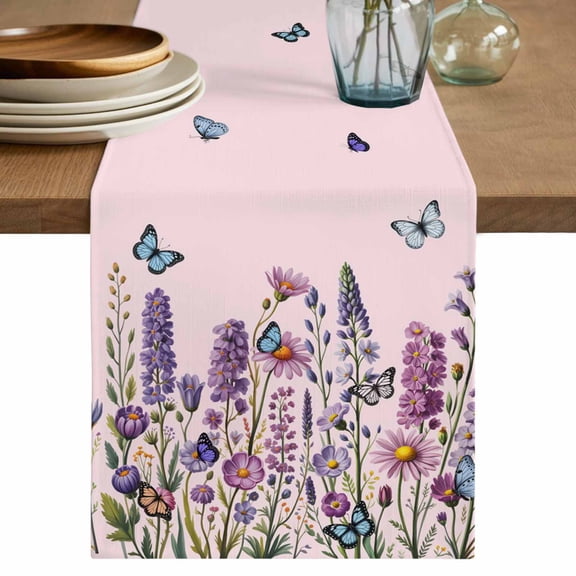 Table Runner 72 Inches Long for Kitchen Dining, Watercolor Floral Dresser Scarf Farmhouse, Dining Table Decorations for Wedding/Parties, Spring Lavender Daisy Butterflies Pink 13 x 72 In