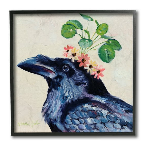 Stupell Industries Black Crow with Bohemian Floral Crown Black Framed by Karen Weber Fine Art