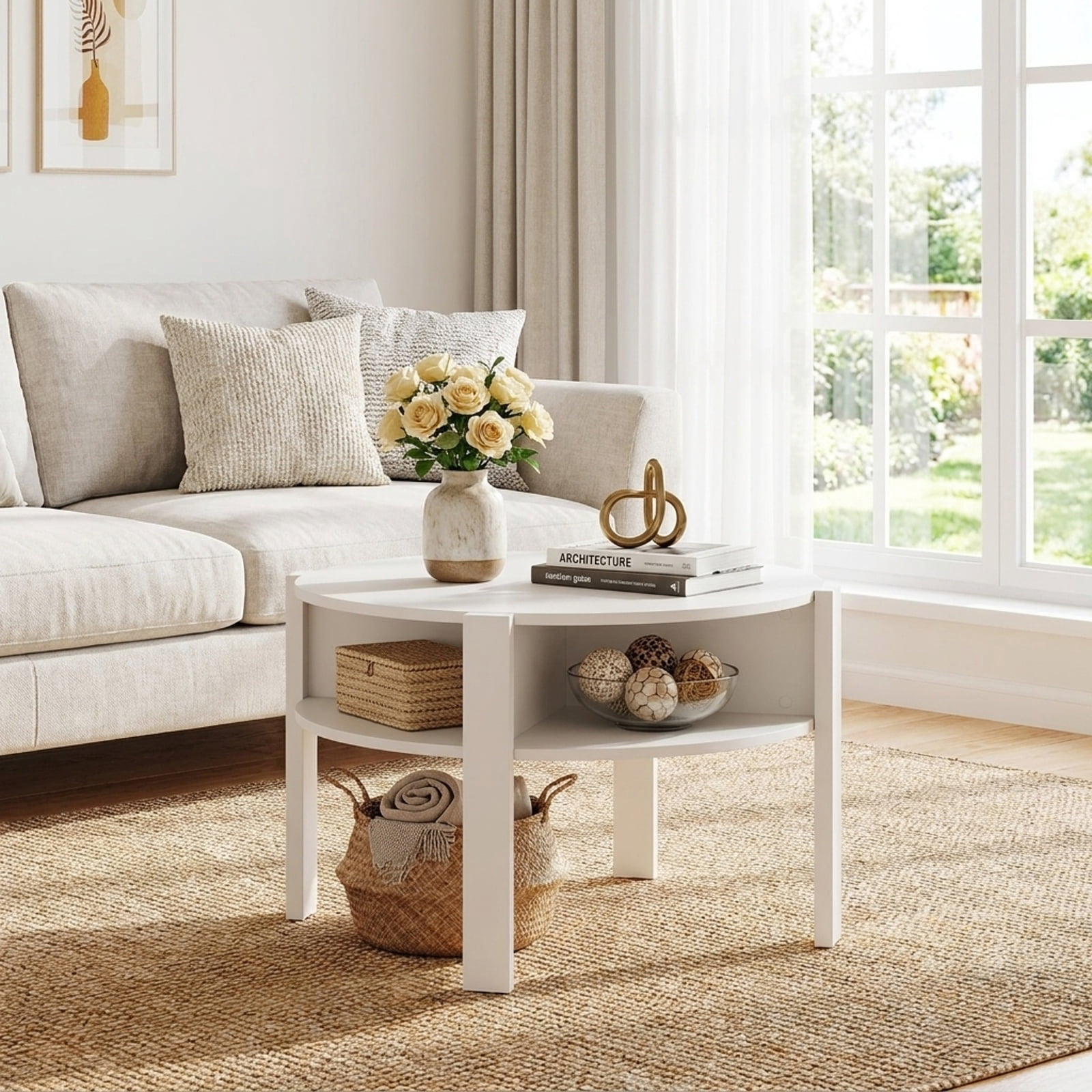 Furnibear 29.5 Inch Round Coffee Table with Side Storage Shelves and Open Base a Compact Living Room Center Table for Small Spaces, White