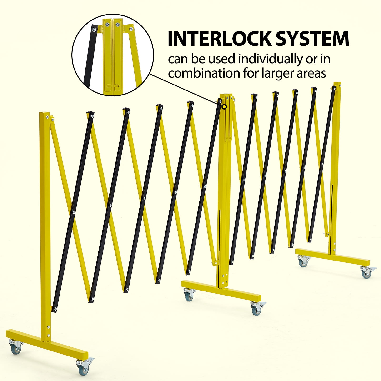 Expandable Metal Safety Barricade Gate – 20 FT, Portable Retractable with Wheels, Yellow & Black for Construction, Parking, Crowd Control