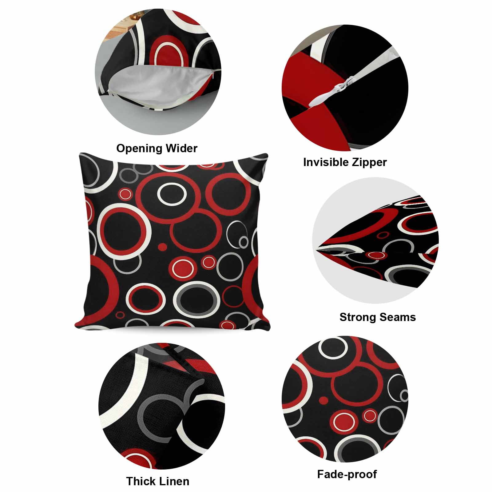 Pillow Covers 26x26 Inch, Red Black Linen Pillowcase with Invisible Zipper, Abstract Modern Geometric White Grey Circle Decorative Throw Pillow Covers Cushion Case for Couch Sofa Bed Living Room