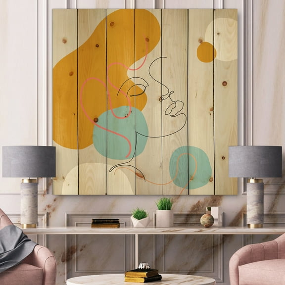 Designart 'Minimal Portrait of Female Face Drawn With One Line I' Modern Print on Natural Pine Wood