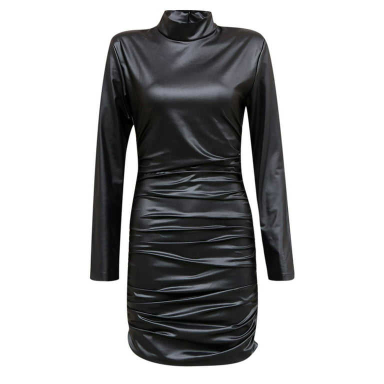  UNBIT Black Leather Bodycon Dress with Mock Neck and