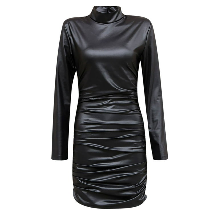 faux leather turtleneck dress Black Faux Leather Cocktail Dress SENSA