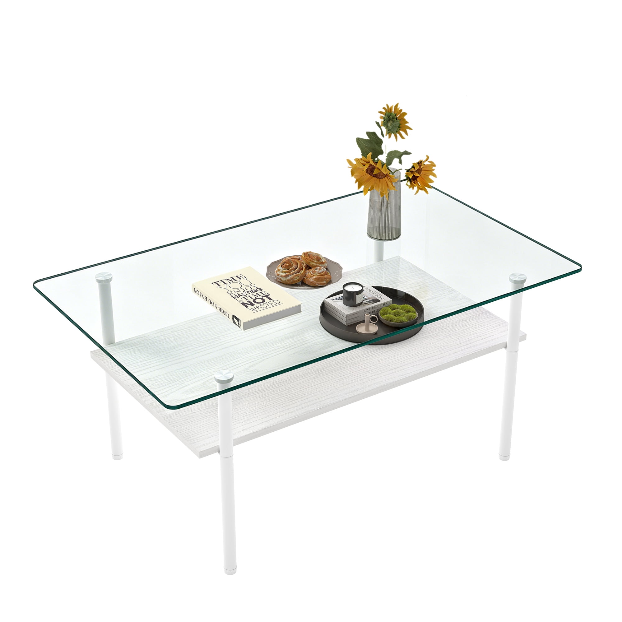 Modern Rectangular Glass Coffee Table with Tempered Glass Top and Wood Shelf, 38.6-Inch Center Table for Living Room, Transparent and White