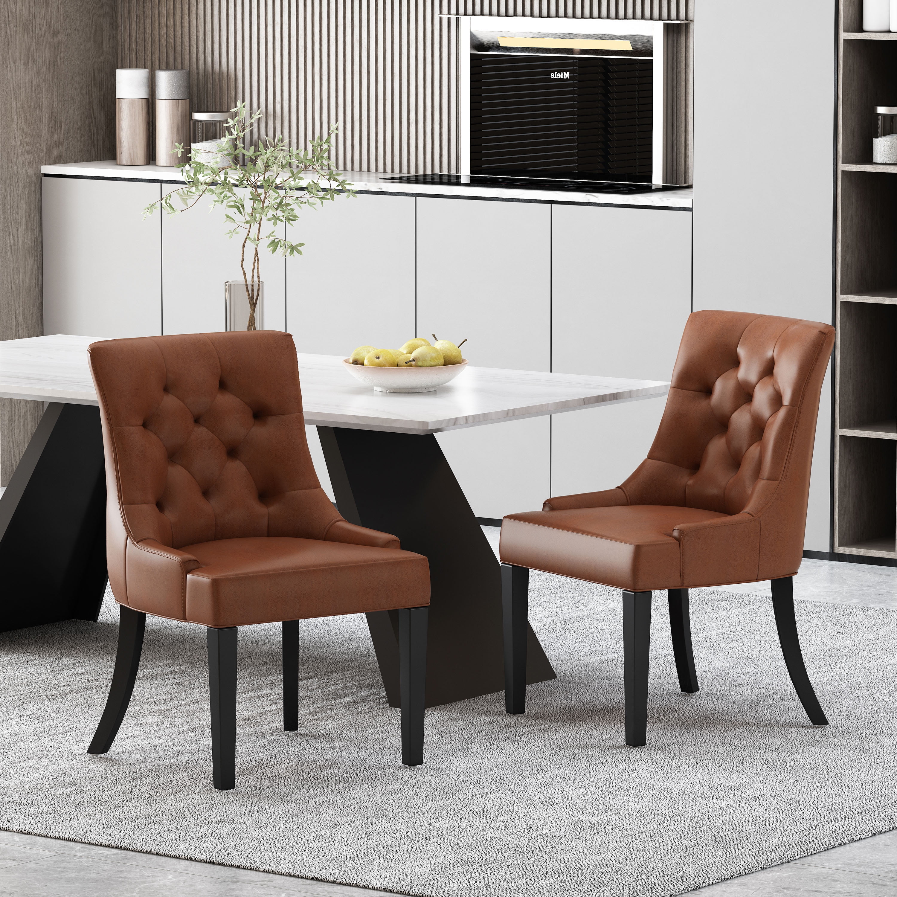 Noble House Will Faux Leather Dining Chairs, Set of 2, Cognac Brown, Dark Brown