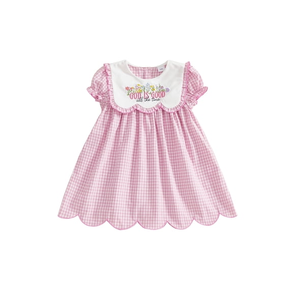 BemeyourBBs Toddler Baby Girl Easter Dress Outfit Baby Christening Clothes God is Good All The Time Letter Short Sleeve Sailor Collar Floral Embroidery A-Line Dress Plaid Spring Summer Casual Dress