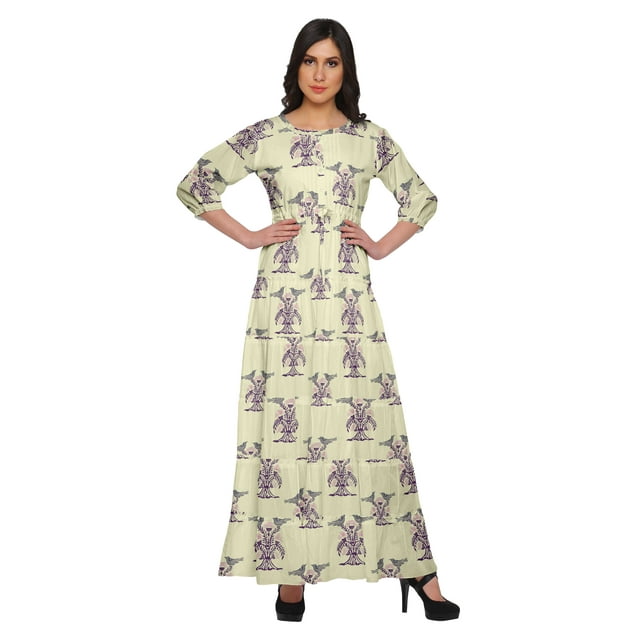 Moomaya Printed Round Neck 3/4 Sleeve Long Maxi Dress With Drawstring Waist