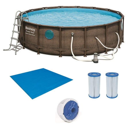 16ft x 16ft x 48in Power Steel Swim Vista Pool with Ground Cloth, Cover, Ladder, Garden Hose Drain Adapter, and ChemConnect Chlorine Dispenser and Cartridge Filter (3 Pack) (Best Way To Get Hair Out Of Drain)