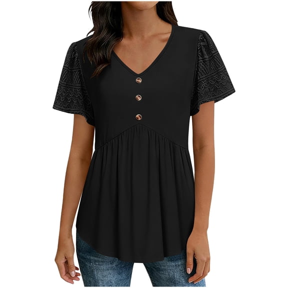 OSFVNOXV Womens Peplum Tops Summer Dressy V-Neck Babydoll Lace Shirts Ruffle Flowy Hem Casual Short Sleeves Pullover Blouse