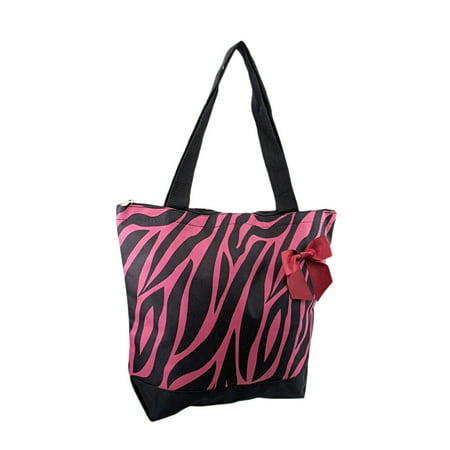 Zebra Animal Print Tote - Hot Pink and Black Zebra Tote Bag with Burgundy Accent Bow
