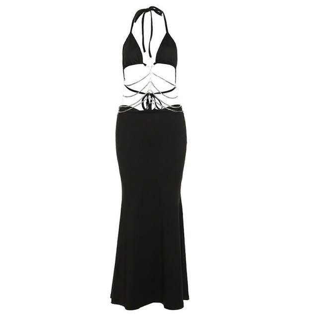Womens Sexy Halter Straps V-Neck Backless Bodycon Long Dress Hollowed Metal Chain Patchwork Ruched Butt Party Dresses Black L