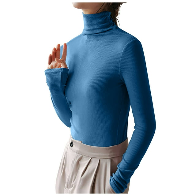AherBiu Womens Tops Long Sleeve Ribbed Knitted Stretchy Slim Fitted Basic Tee Tops High Neck Warm Undershirts