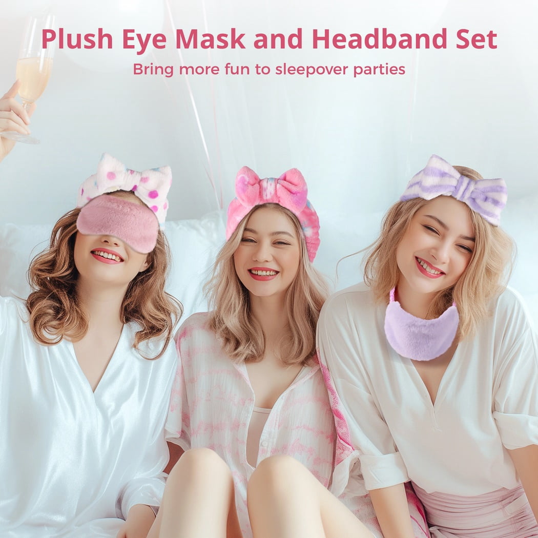 Sleepover Party Eye Mask Headband, 24 PCS Eye Mask and Headband, Sleepover Party Favors for Teenagers Women, SPA Party Soft Plush Sleep Eye Cover, Elastic Bow Hair Band