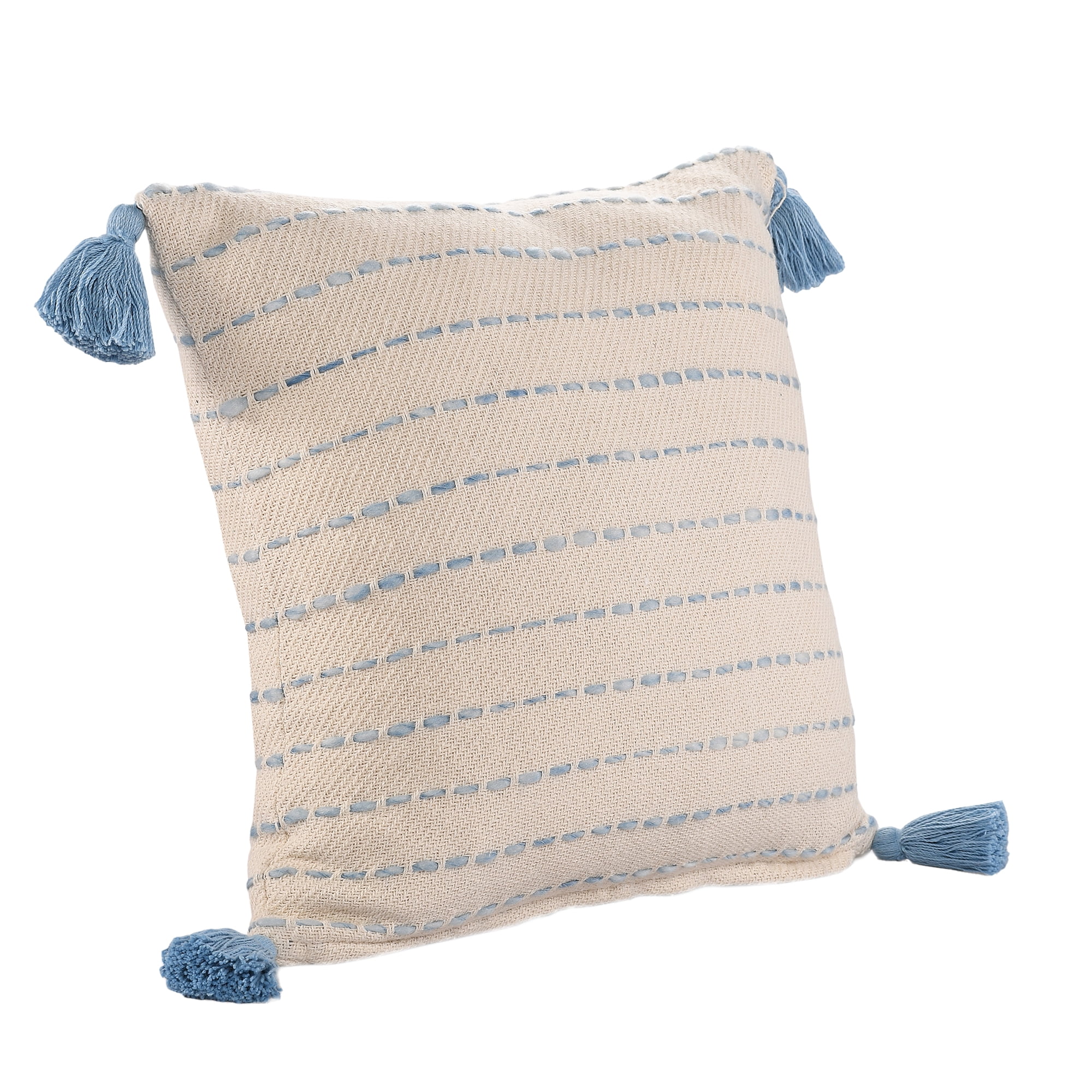 Ox Bay Top Variegated Stripe Cotton Blend Handmade Throw Pillow with Tassels, 20" x 20"