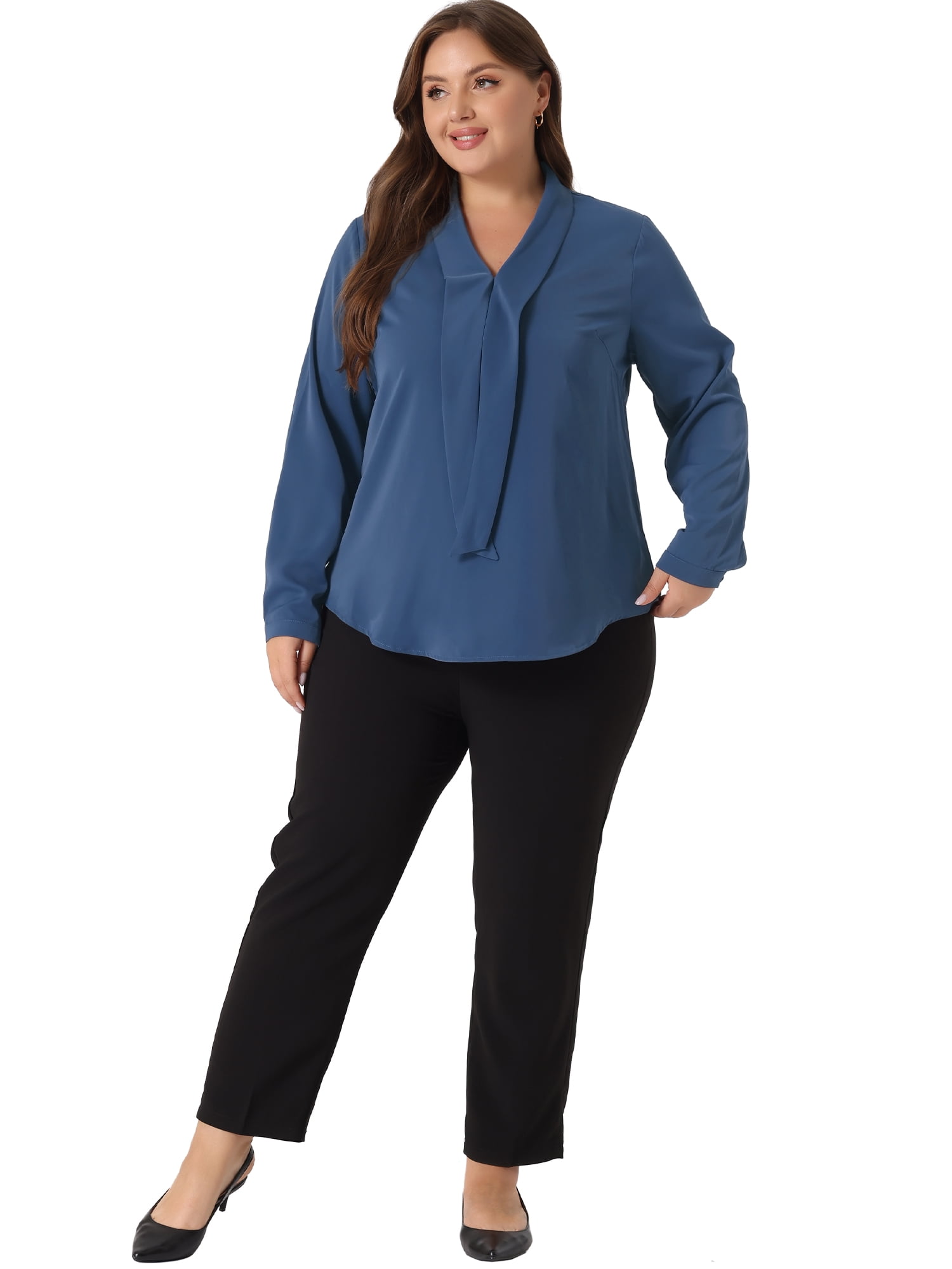 DARING DIVA Women's Plus Size Long Sleeve Tie V Neck Chiffon Blouse 2X Blue