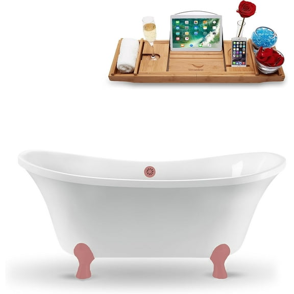60" Streamline N920PNK-PNK Clawfoot Tub and Tray With External Drain