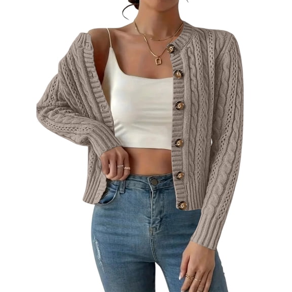 LWavelet Cropped Cable-Knit Gold-Button Cardigan Women Stylish Fall Casual Soft Versatile Outerwear Beige 3XL