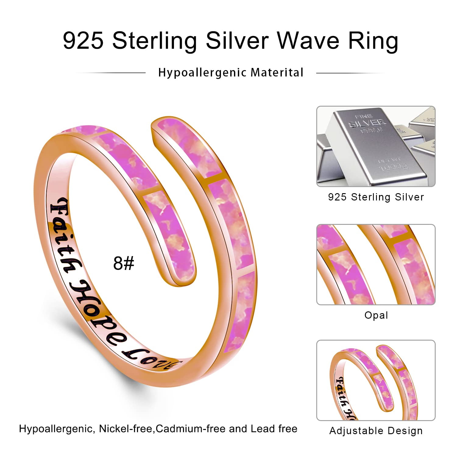 Coachuhhar Pink Opal Rings for Women 925 Sterling Silver Faith Hope Love Rings Rose Gold Adjustable Open Rings Opal Jewelry for Mother's Day