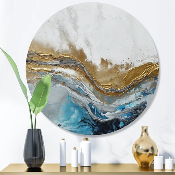 Designart "Modern Contemporary Abstract Grey and Gold IV" Abstract Marble Metal Round Wall Art
