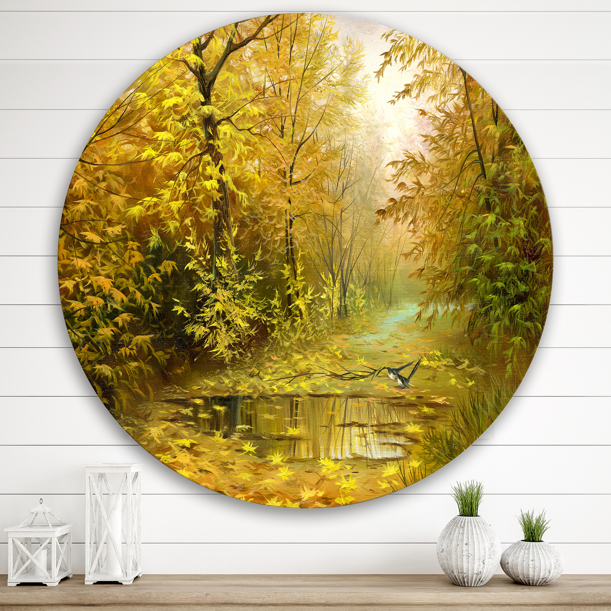 Designart 'Rain Water On Road In Yellow Woodlands' Country Circle Metal Wall Art 36x36 - Disc of 36