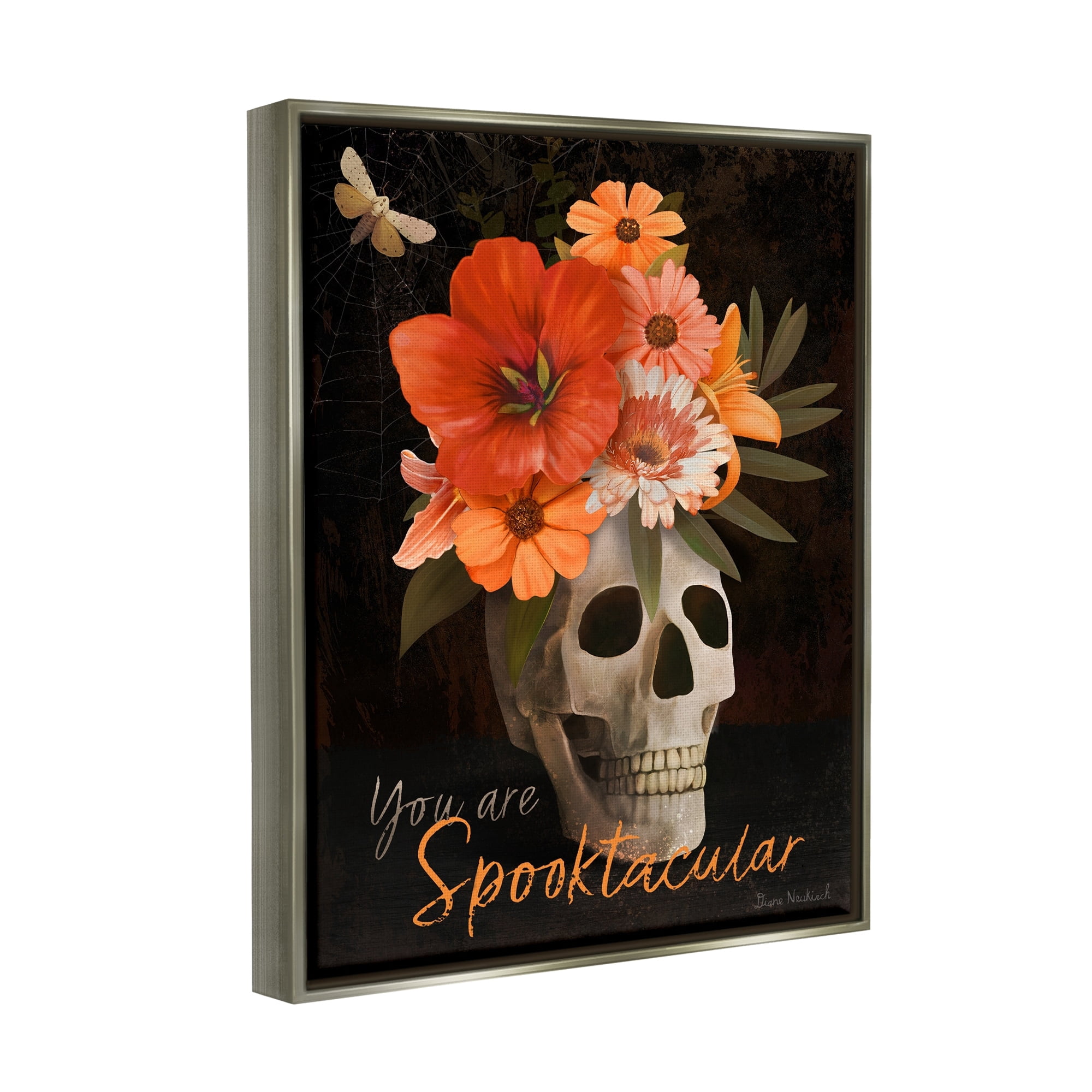 Stupell Industries Spooktacular Halloween Skull Flower Arrangement Spider Web Graphic Art Luster Gray Floating Framed Canvas Print Wall Art, Design by Diane Neukirch