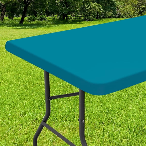 EnjinZZ Rectangle Tablecloth, Elastic Fitted Flannel Backed Vinyl Tablecloths for 6ft Folding Tables, Waterproof Wipeable Table Covers for Indoor, Outdoor, Picnic and Camping (Turquoise, 30"x72")